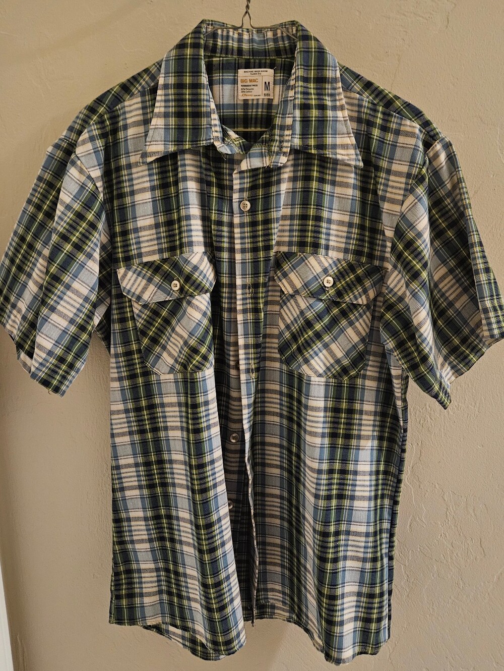 JC Penny Big Mac Mens Short Sleeve Shirt Blue/Green Plaid Button Up Vintage Med